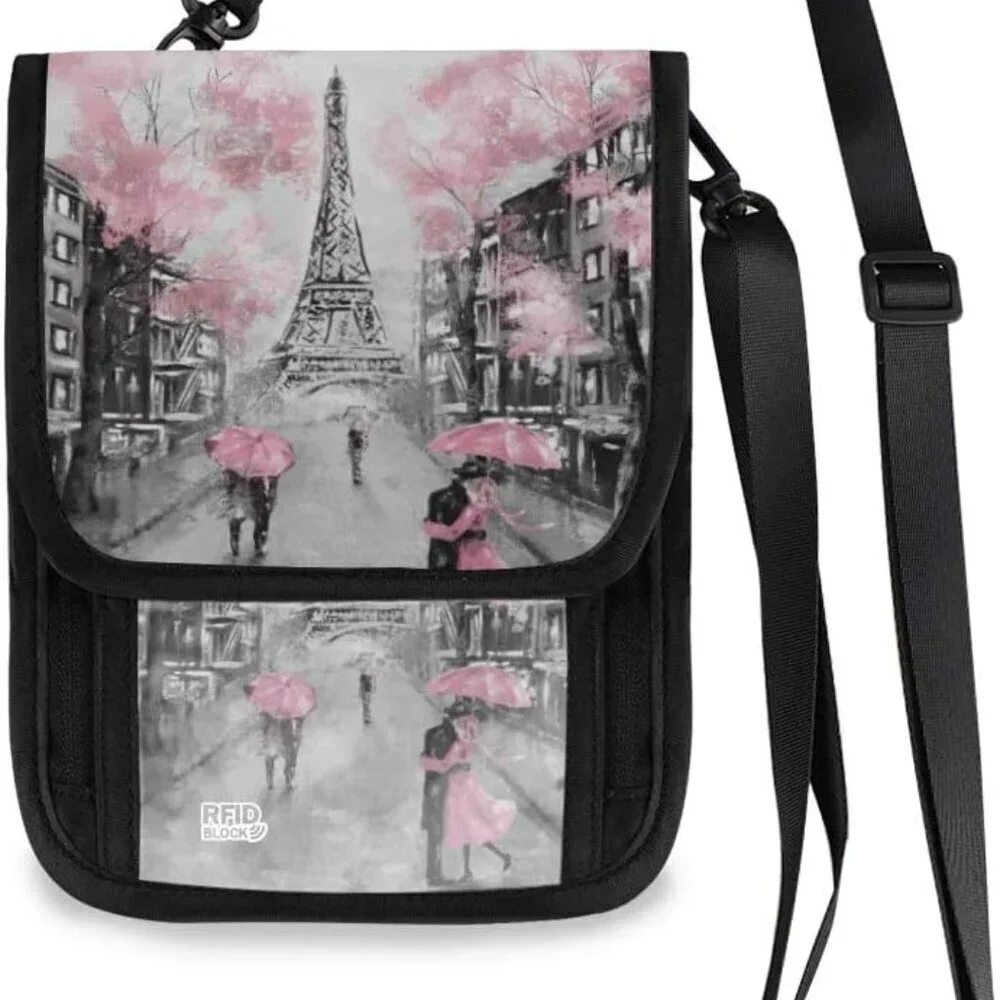 Small Crossbody Wallet Pink Cherry Blossom RFID Passport Holder Card Slots